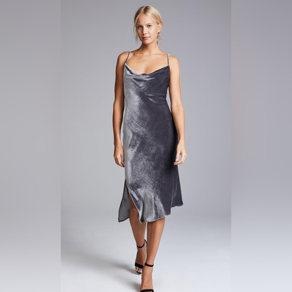 AG Adriano Goldschmied velvet drape neckline Slip Midi Dress silver Gray small